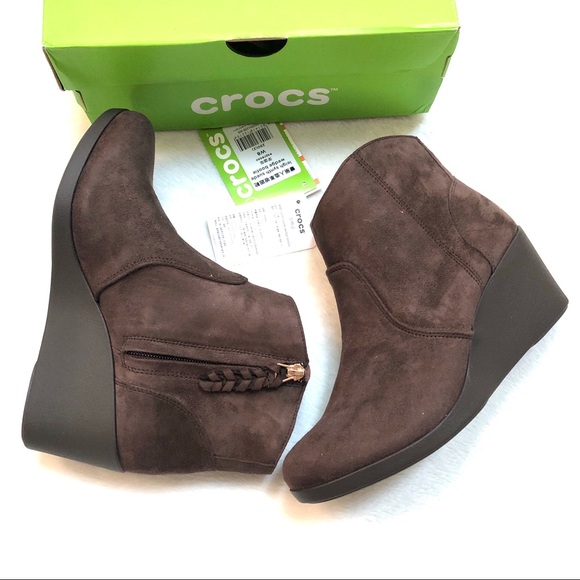 CROCS Shoes - CROCS Leigh Synth Suede Wedge Bootie Espresso Standard Fit Size 8
